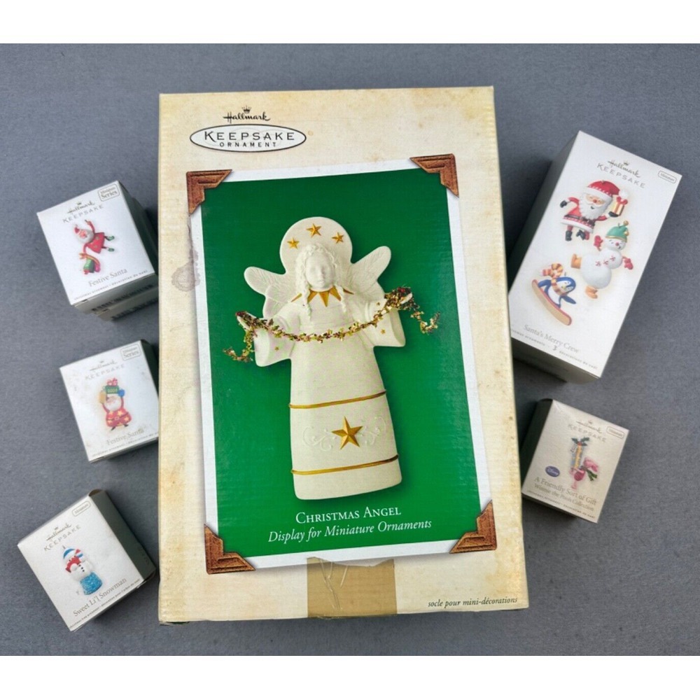 Lot of 8 Minature Hallmark Ornaments and Christmas Angel‎ Display for Minatures